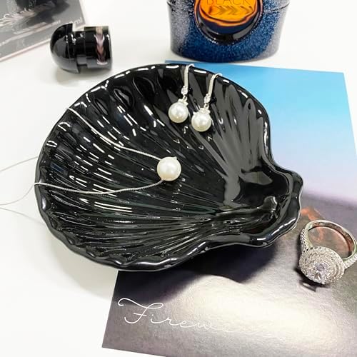 Shell Shape Ring Holder Dish, Seashell Jewelry Dish Tray, Ceramic Trinket Tray for Rings Earrings Necklaces Bracelet, Birthday Mother's Day Christmas Gift for Mom Friend Sister, 3.9", Black - Image 4
