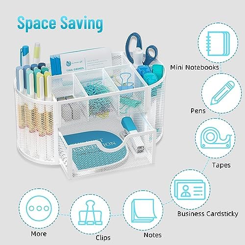 Mesh Desk Organizer with Drawer, 9-Compartment Pen Holder for Desk, White - Image 5