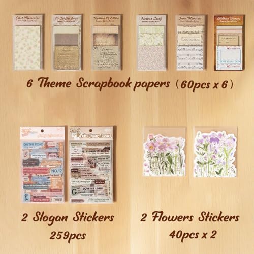 Naszonus 699 Pcs Vintage Scrapbook Paper Kit, Scrapbook Paper Supplies with Flowers Stickers, Journaling Decorative CraftPaper Set for Junk Journal, Retro Crafts - Image 3