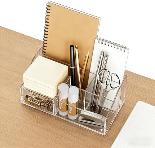 HBlife Acrylic Desk Organizer with Drawer, Pen & Pencil Holder, Multifunctional Desktop Caddy for Office Supply and Organization (Clear) - Image 4