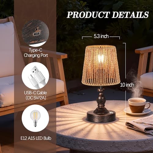 PARTPHONER Mini Cordless LED Table Lamp, 5200mAh Rechargeable Battery Operated Lamp, 3-Level Brightness, Touch Dimmable Desk Lamp, Bedside Night Light with Rattan Shade, Oil Rubbed Bronze - Image 5