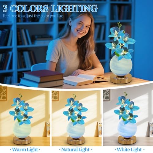Flower Table Lamp, 3 Colors Orchid Night Light, Cordless Touch Dimming Artificial Flower with Vase Lamp, LED Desktop Decorative Landscape Lights for Festival Party Home Decor (Blue Orchid) - Image 4