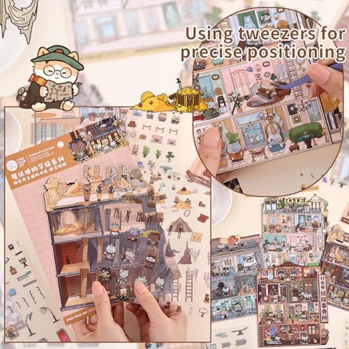 Girls 3D Miniature Scene Stickers, 4 Sets Magic Apprentice DIY House Stickers for Archaeological,Detective,Laboratory,Hotel,Cute 3D Cartoon Scene Stickers for Adult Kids Relief Stress Pass The Time - Image 4