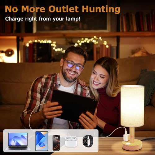Small Bedside Table Lamp with AC Outlet, Natural Wood Base & Linen Shade, Mini Cute Cozy Warm White Nightstand Boho Lamp, Study Desk Night Stand Light for Bedroom, Kitchen, Nursery, Living Room - Image 2