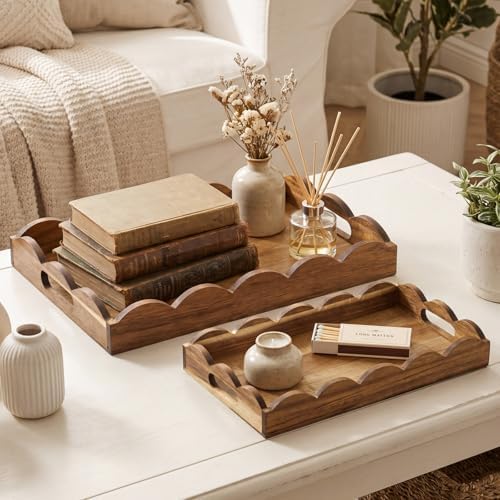 Sawysine 2 Pcs Wooden Scalloped Tray with Handles 10x14x2'', 8.7x12.6x2'' - Image 4