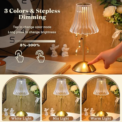 Liliful 2 Pcs Cordless Table Lamp LED Touch, Gold, Rose Style Bow - Image 4