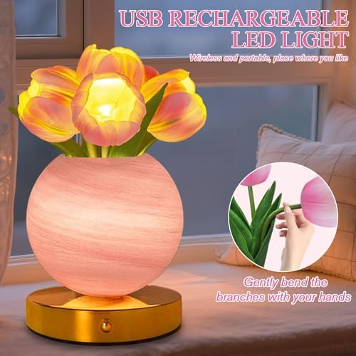 Tulip Table Lamp, Rechargeable Cordless Touch Dimming Artificial Tulip Flower Desk Lamp, LED Flower Bedside Night Light Romantic Gifts for Girl Women Mom (Pink Tulip) - Image 5