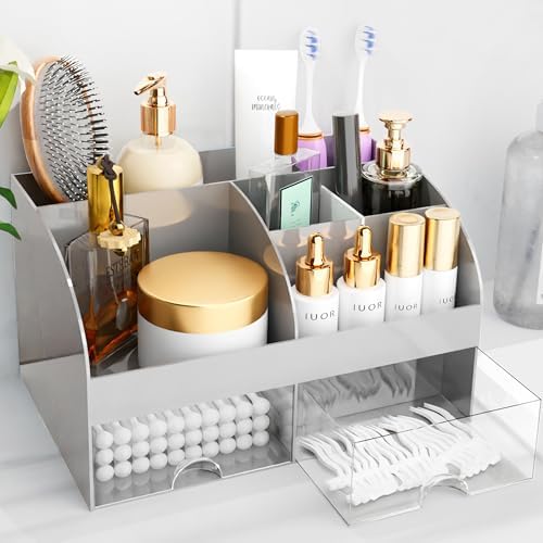 Makeup Organizer with Drawers, Cosmetic Storage for Dresser Vanity and Bathroom Countertop, Beauty Holder for Lipstick Brush, Skincare Organizer for Vanity, Cosmetic Display Case (Grey) by COMFYROOM