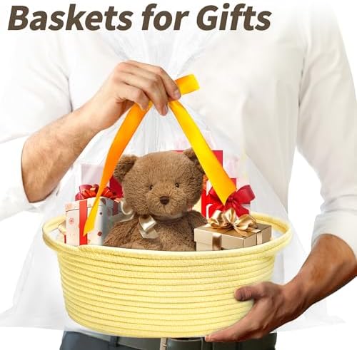 Pro Goleem Small Woven Basket with Gift Bags and Ribbons Durable Baskets for Gifts Empty Small Rope Basket for Storage 12"X 8" X 5" Baby Toy Basket with Handles, Yellow - Image 2