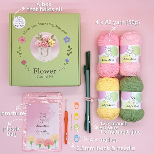 Lily's Lyric Flower Crochet Kit | Carnation & Ash Leaf | Step-by-Step Video Tutorial for Adults Teenagers | Craft Gift Idea DIY Home Decoration - Image 3