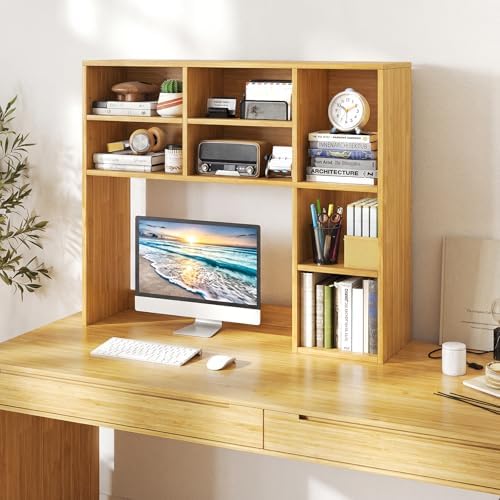 Giantex Desktop Bookshelf, Desk Hutch Dorm w/ 7 Cubes & 3 Adjustable Shelves, Desk Shelf for Up to 27" Computer Monitors, Wooden Desktop Storage Organizer for Dorm College Office Home (Burlywood) - Image 2