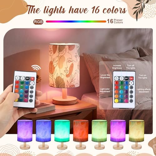 VIHOSE Boho Table Lamp with Linen Shade & Wood Base, 16 Color Dimmable LED Bedside Desk Lamp, Bohemian Bedroom Nightlight for Bedroom, Nursery, Cute Bohemian Room Decor Birthday Gift - Image 3