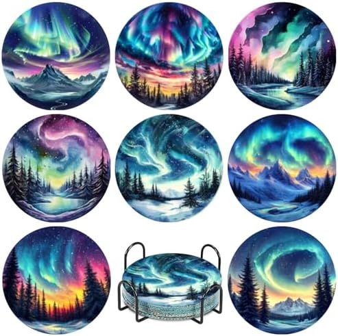 NEGEKFKX 8 Pcs Aurora Diamond Art Painting Coasters Kits,Landscape Coaster with Holder for Adults, Non-Slip DIY Dot Paint Craft Kits,5D Full Drill DIY Diamond Dot Gem Art Kit Home Decor Arts Craft by NEGEKFKX