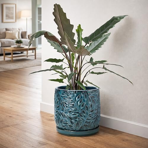 D'vine Dev Embossed Leaves Ceramic Planter, 8 in, Ocean Teal, 27-A-Q-8 - Image 2