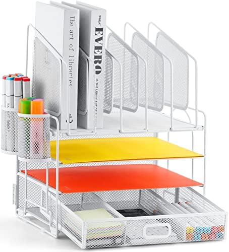 Marbrasse Desk Organizers, 4-Tier Mesh Desk File Organizer with 5 Vertical File Holders and 2 Pen Holders, Multifunction Desktop Organizer,Desk Organizers and Accessories for Home Office (White) by Marbrasse