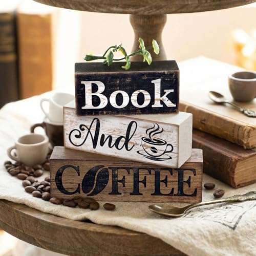 Moucuny 4 Pcs Farmhouse Table Decor Rustic Wooden Book and Coffee Signs - Image 5