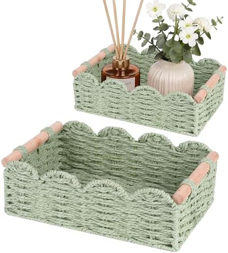 iEGrow Paper Rope Small Storage Baskets for Organizing, Set of 2 Scalloped Edge Wicker Basket with Wooden Handles Toilet Paper Basket for Over Toilet Storage Shelf, Home Decor, Living Room (Green) by iEGrow