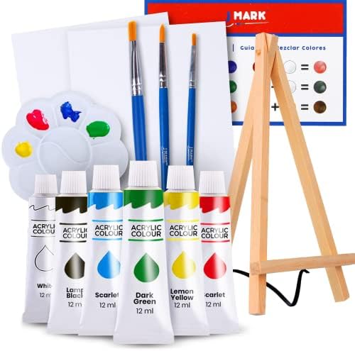 J MARK Paint and Canvas Set – Mini Canvas Acrylic Painting Kit with Wooden Easel, Canvases, Acrylic Paint, Brushes & Palette, Canvas Paint Set, Painting Kit for Adults & Kids by JMark