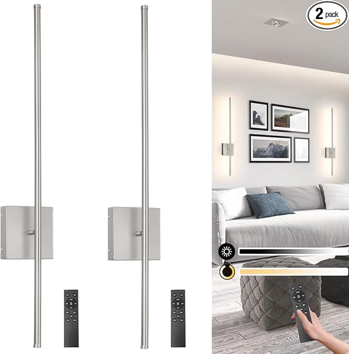 15000mAh Battery Operated Wall Sconce Set of 2, Brush Nickel USB Rechargeable Wall Sconces, Dimmable Cordless Wall Sconces with Remote Control, LED Wireless Wall Light Lighting Time 24-120 hours