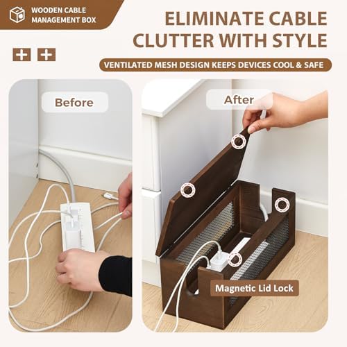 Chunful 13 Inch Cable Management Box, Wood Cord Hider Organizer with Magnetic Lid & Organizer for Power Strip, TV Wires & Desk Cable Storage, Ventilation Hide Floor Cables - Image 4
