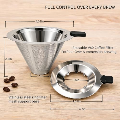 2-in-1 Immersion & Pour Over Coffee Maker,Reusable Stainless Steel Pour Over Coffee Dripper, V60 Style with Detachable Stand, Paperless Metal Coffee Filter for Single Cup Brewing - Image 3