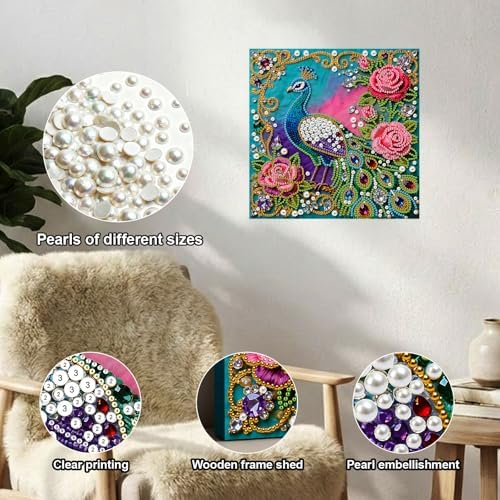 Xylzzuit Pearl Painting Kit with Frame 9.84x9.84IN Colorful DIY Gemstone Pearls Beads Art Craft for Adults Home Desktop Wall Decor (Peafowl) - Image 2