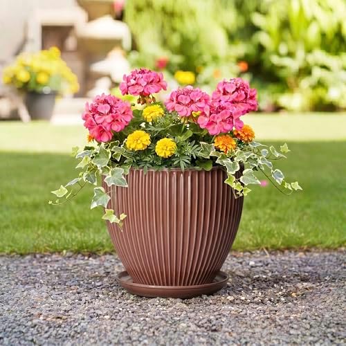 10 Inch Planter, Ceramic Flower Pot with Drainage Hole and Saucer, Round Indoor Plant Pots for Large Plants, Modern Decorative Planter, Home Kitchen Decor, Gifts for Men Women, Rust Red - Image 5