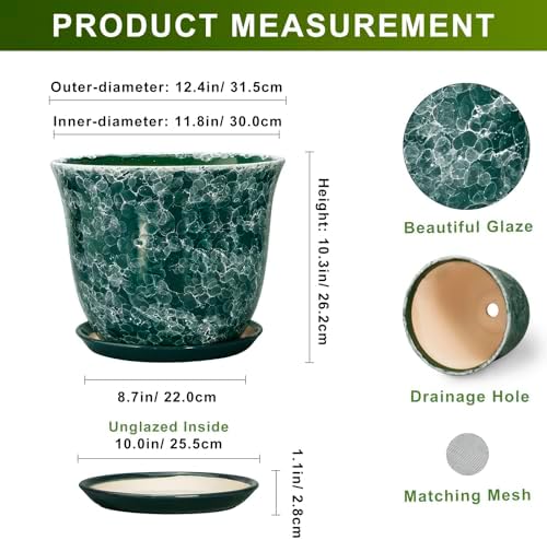 Ceramic Planter - 12 Inch Pots for Plants with Drainage Hole and Saucer, Round Planter for Indoor Outdoor, Large Plant Pot, Modern Planters, Garden Patio Decor, House Warming Gifts, Green - Image 2