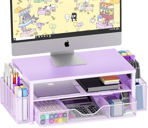 OPNICE Desk Organizer and Accessories, 2-Tier Computer Monitor Stand Riser with Drawer and 2 Pen Holders, Laptop Stand, Office Desk Accessories for Office Supplies, Purple by OPNICE