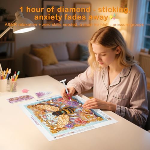 DIAMONDOUBLE Bee Diamond Painting Kit for Adults, Special Shape Diamonds & Partial Drill 5D Diamond Art Kit on Thicker Velvet Canvas, Hand-Drawn Bee and Flower DIY Craft Wall Decor 18x18in (45x45cm) - Image 7