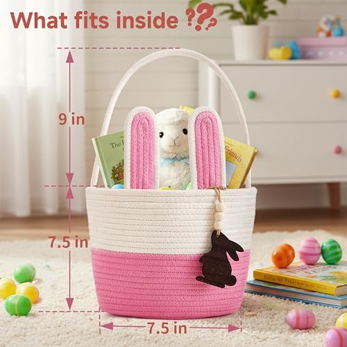 Pro Goleem Easter Basket for Kids, Adorable Woven Egg Hunt Bucket with Handle, Soft First Easter Gift Tote Bag, Nursery Toy Storage Bin with Tag(Pink) - Image 2