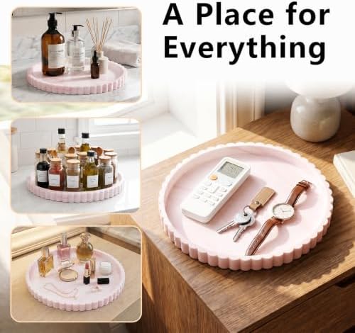 Silicone Bathroom Vanity Trays for Counter - 9.1 Inch Round Small Bathroom Tray with Scalloped Edge, Coffee Table Decor, Decorative Tray for Candle Key Skincare Perfume Storage, Marble White Pink - Image 5