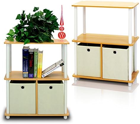 Furinno TURN-N-TUBE Storage Shelves Set of 2, 3-Tier Toolless Book Shelf with Storage Bins, Display Shelf, for Organization and Storage, Living Room, Garage, Home Office, Beech by Furinno-FitsYourSpaceFitsYourBudget