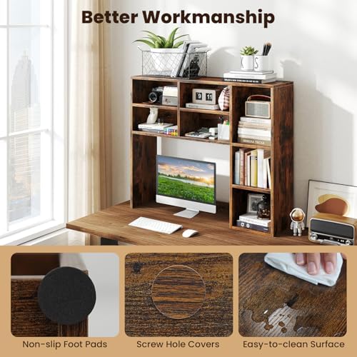 Giantex Desktop Bookshelf, Desk Hutch Dorm w/ 7 Cubes & 3 Adjustable Shelves, Desk Shelf for Up to 27" Computer Monitors, Wooden Desktop Storage Organizer for Dorm College Office Home, Rustic Brown - Image 6