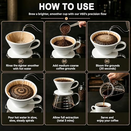 Ceramic Pour Over Coffee Dripper - Handmade Pour Over Coffee Maker, Porcelain Coffee Drip Cone, Pour Over Single Cup, Manual Brew Maker for Home, Cafe, Office - 1-4Cups, V60 Size 02 (Off White) - Image 6