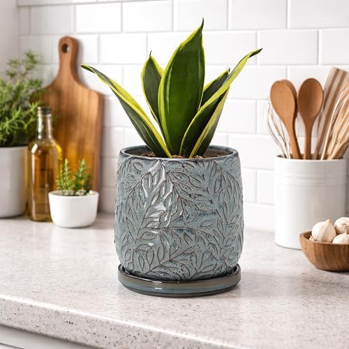 D'vine Dev Embossed Leaves Ceramic Planter, 5 in, Graphite Blue, 27-A-V-9 - Image 5