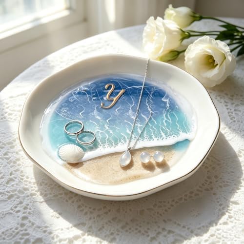 Ceramic Ring Dish, Ocean Resin Beach Wave Jewelry Tray, Gold Trim Small Jewelry Holder for Bathroom Sink, Nightstand, Trinket Dish for Rings Earrings (Y) by Unknown