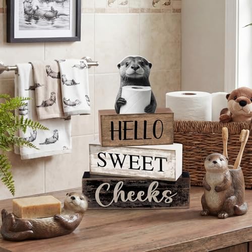 Moucuny 4 Pcs Otter Bathroom Decor Wooden Block Signs Hello Sweet Cheeks - Image 6