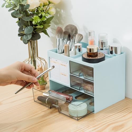 QIYVLOS Desk Organizer with 3 Drawer, Multi-Functional Pencil Pen Holder for Desk, Desk Organizers and Storage with 8 Compartments, Desktop Organizer for Office Home Art Supplies (Blue) - Image 5