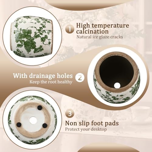 SiliFine Ceramic Planter Ice Crackle Drainage Holes,Vintage Green Style - Image 4