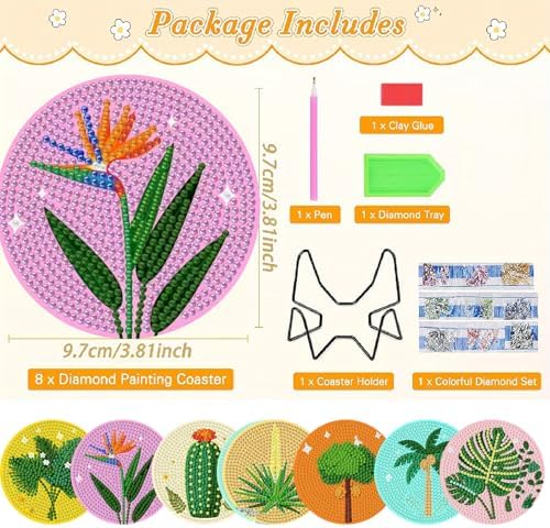 Clendo 8 Pcs Green Plants Diamond Painting Coasters Kits with Holder, 5D Diamond Art Painting Coasters Set for Adults, Small Mini Diamond Dots Kit for Beginners DIY Art Craft Home Decor - Image 2