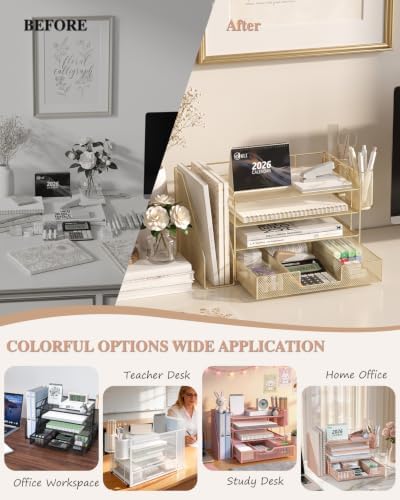 WALI Desk File Organizer, 4 Tier Desktop Paper Letter Tray Organizer with Drawer and 2 Pen Holders, Office Desk Accessories & Workspace Organizers for Office, Home, School Supplies, 1 Pack, Gold - Image 6