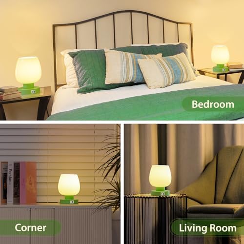 ONEWISH Touch Bedside Table Lamp with USB Charging - 3 Way Dimmable Small Glass Lamp for Bedroom, 2700K LED Bulb Included, Green, 2 Packs - Image 5