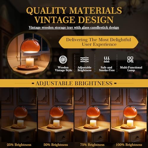 Topyond Aroma Wax Melting Lamp, Retro Wood Glass Candle Warmer，Orange Red - Image 2