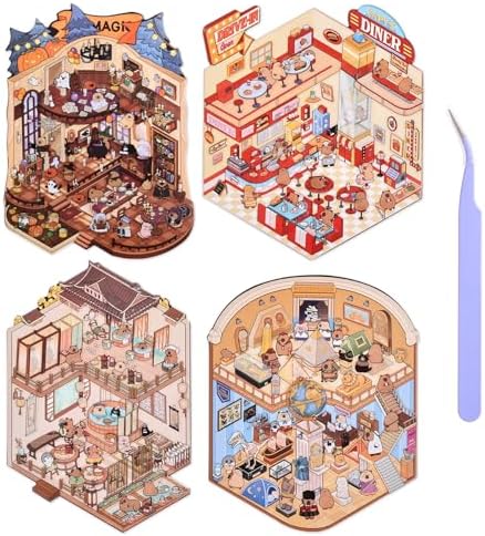 Girls 3D Miniature Scene Stickers, 4 Sets World Travel DIY House Stickers for Museun, Hotel, Magic House, Drive-In Restaurant, Cute 3D Cartoon Sticker Scenes for Adult Kids Relief Stress Pass The Time by VYRANA