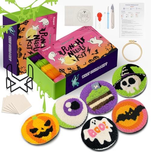 yuegool 6PCS Halloween Punch Needle Coasters Kit – Easy DIY Embroidery Kit for Beginners, Adults & Kids | Includes Patterns, Tools, Yarns, Hoop, Instructions, Coaster Holder by Unknown