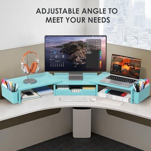 Desk Organizers and Accessories, Dual Monitor Stand Riser with Drawer and 2 Pen Holders, Desk Shelf Printer Stand for Office Workspace Organizers, Desktop Organization (Blue) - Image 5