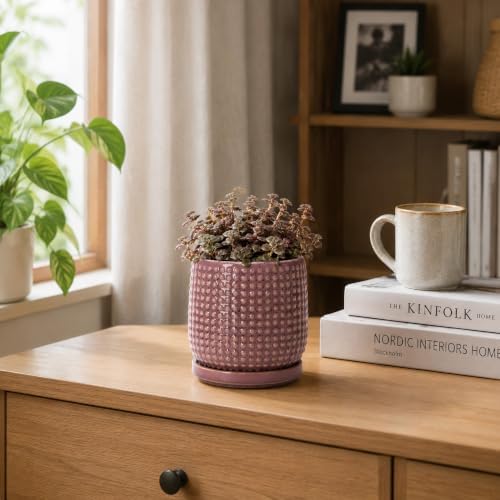 D'vine Dev Beaded Ceramic Pot with Saucer, 4 in, Blush Mauve, 27-C-Z-K - Image 2
