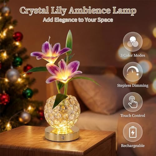Stargazer Lily Flowers Table Lamp, Rechargeable Cordless Touch Crystal Lamp with 3 Color Modes, Easter Lily Night Light for Bedroom Kitchen Office Decor, Birthday Mothers Day Gifts for Women Mom - Image 2