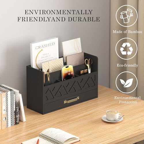 Bamboo Mail Organizer Countertop Pen Holder Wooden Desktop Storage Drawers - Image 4